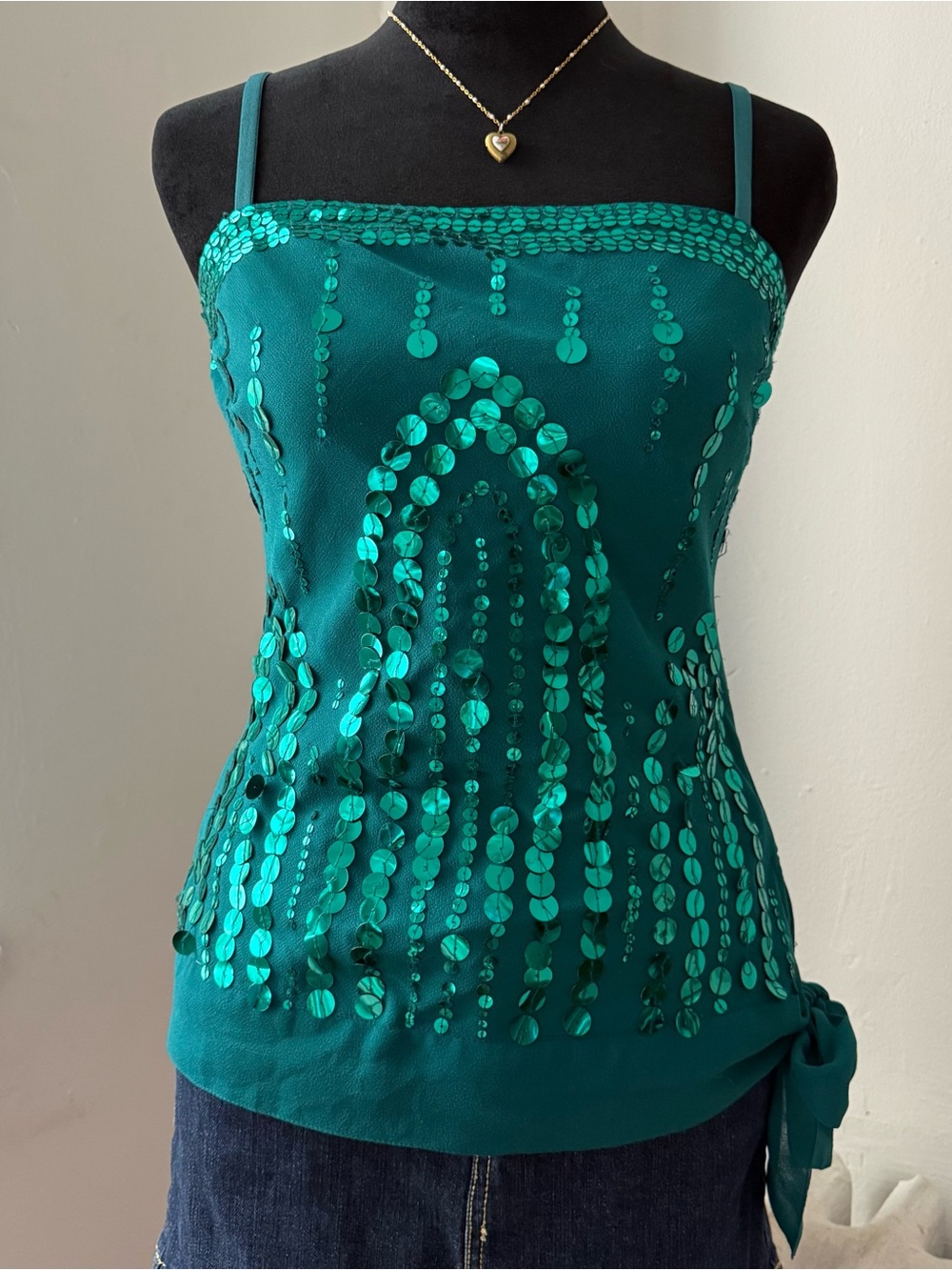 Green Sequin Spaghetti-Strap Women's Top